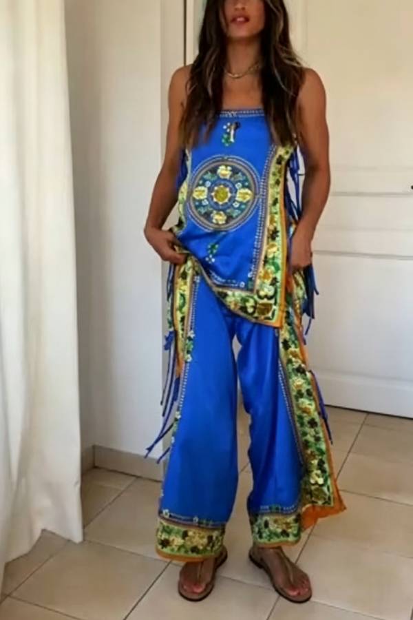 Satin Printed Tie Cami Top Split Wide Leg Pants 2 Piece Boho Vacation Set