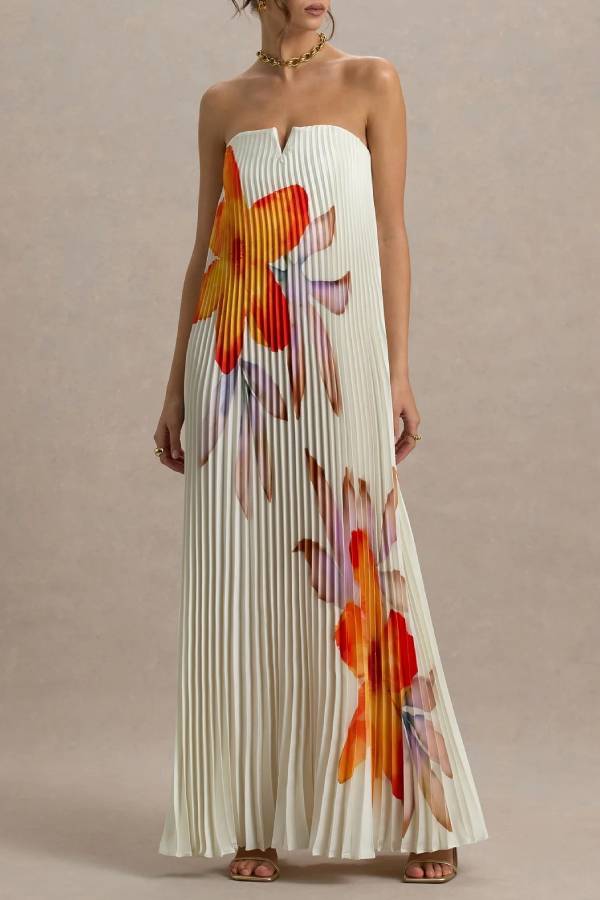 For Every Occasion Satin Pleated Floral Print V-wire Bandeau Neck Maxi Dress