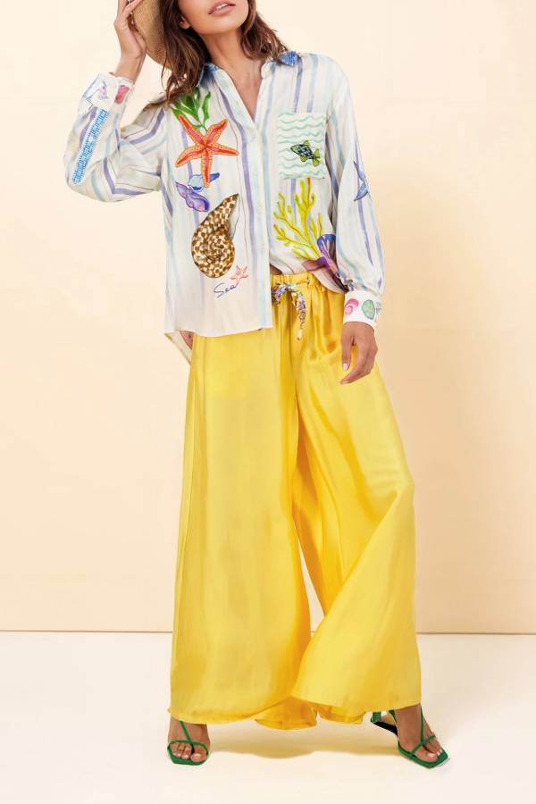 Dream Ocean Satin Unique Print Button Down Pocket Oversized Blouse