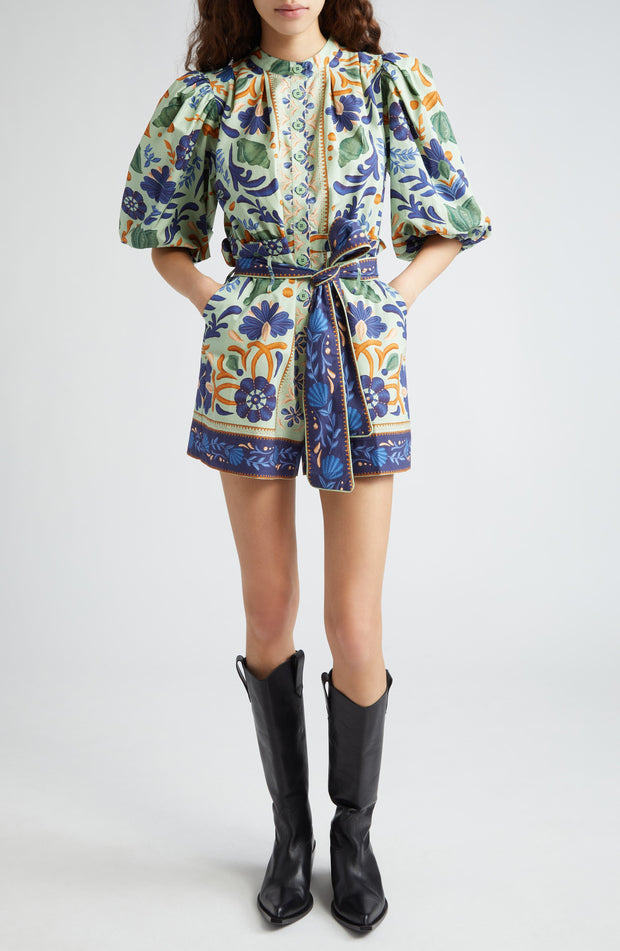 Ocean Tapestry Puff Sleeve Cotton Romper