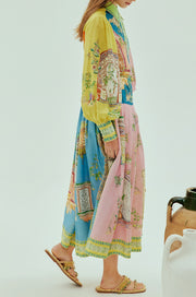 Unique Print Lapel Lantern Sleeve Single Breasted Tie Waist Midi Dress