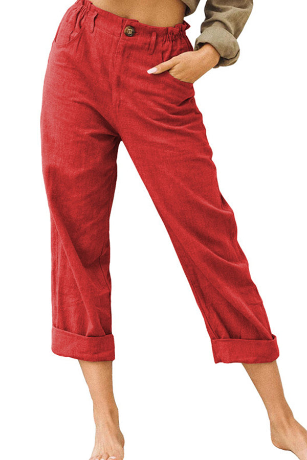 Solid color cotton and linen fashionable loose high waist casual pants