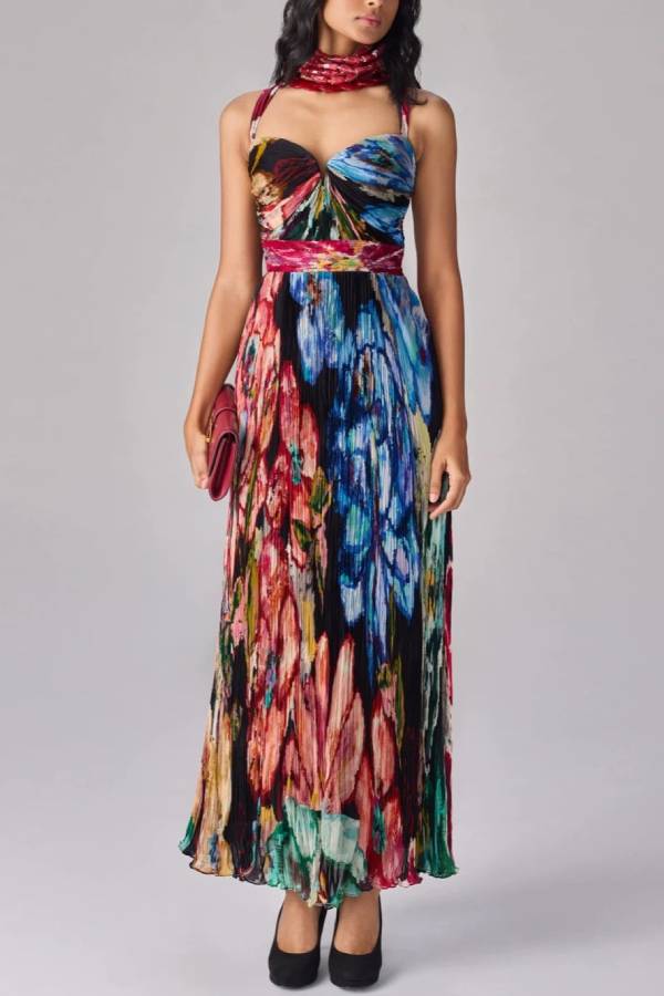 Halter Sweetheart Neck Oil‑Painting Floral Pleated Maxi Dress