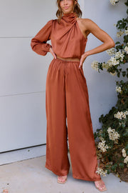 Esther Satin One Shoulder High Neck Top and Elastic Waist Pocketed Pants Set