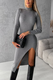 Morning Escape Knit Turtleneck Long Sleeve Slit Irregular Midi Dress