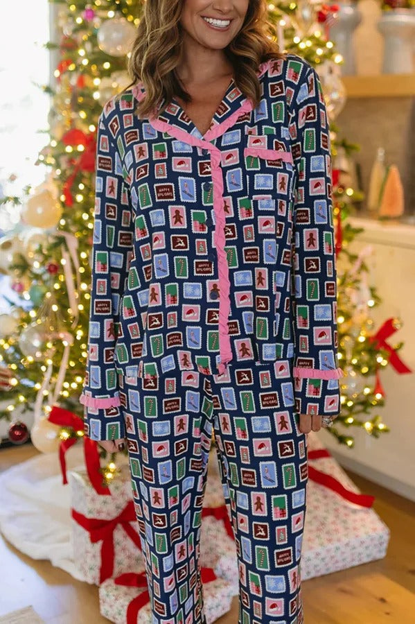 Postcards To Santa Unique Print Ruffles Trim Pocket Shirt and Elastic Waist Pajama Set