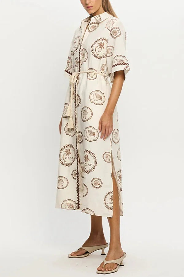 Resort Style Print Lapel Short Sleeves Casual Pocket Waist Tie Loose Midi Dress