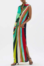 Bold and Elegant Colorful Print Button Up Pocket Shirt Slit H-line Maxi Dress