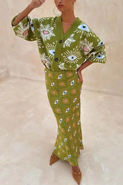 Mysterious Magic Knit Eye Heart Pattern Button Up Long Sleeve Loose Cardigan