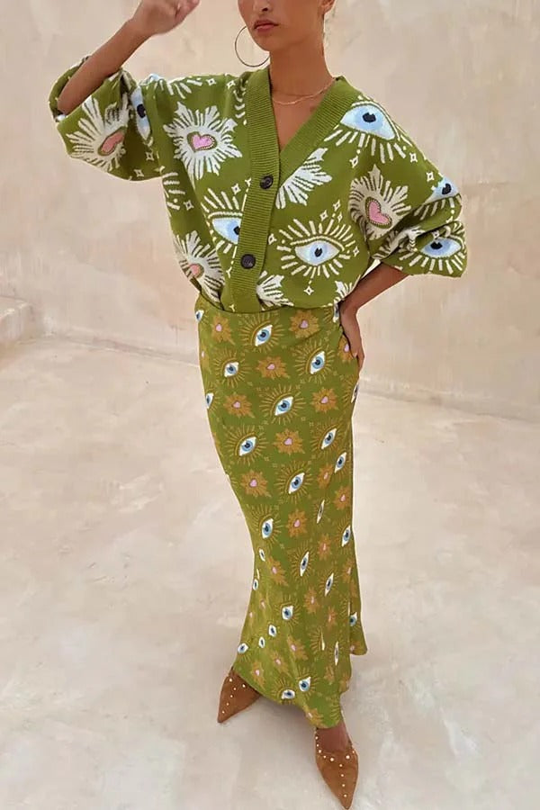 Mysterious Magic Knit Eye Heart Pattern Button Up Long Sleeve Loose Cardigan