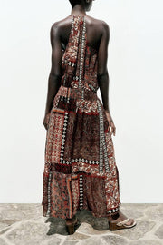 Ethnic Boho Colorblock Print Elastic Waist Resort Style Maxi Dress