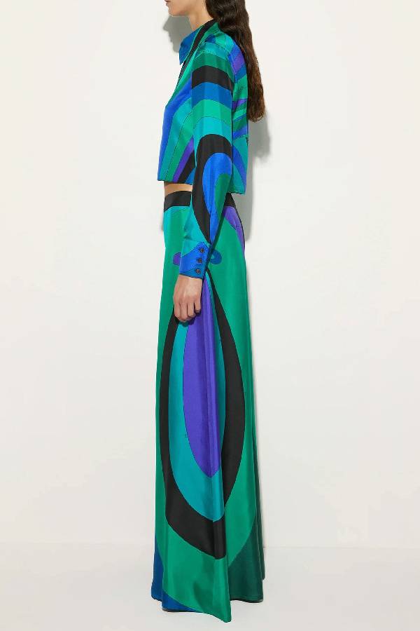 Printed satin long-sleeved shirt and wide-leg pants two-piece suit