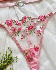 Floral Embroidery Hollow Heart Decor Lingerie Set