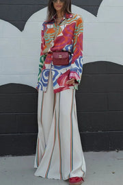 Elouise Satin Color Block Art Print Long Sleeve Button Back Elastic Waist H-line Mini Dress