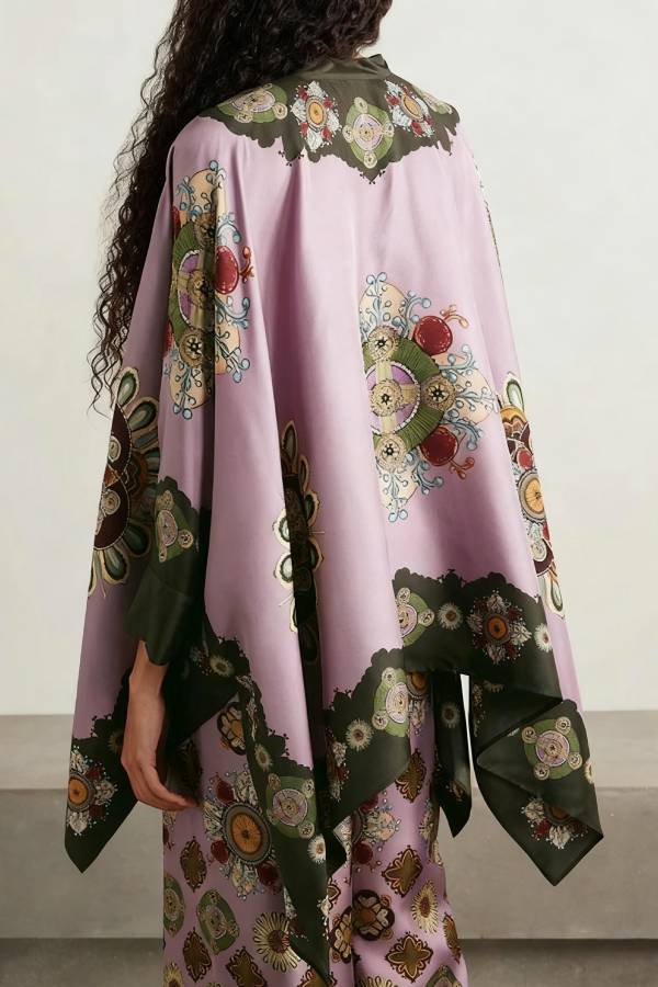 Satin Unique Print Loose Batwing Sleeve Top and Elastic Waist Pocket Casual Wide-leg Pants Set
