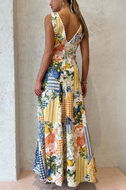 Retro-style patchwork print deep V sleeveless long dress