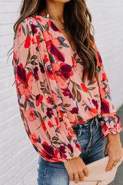 PEACH BLOSSOM PRINTED PLEATED LONG SLEEVE TOP