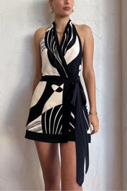 Unique Printed Open Back Waist Tie Holiday Mini Dress