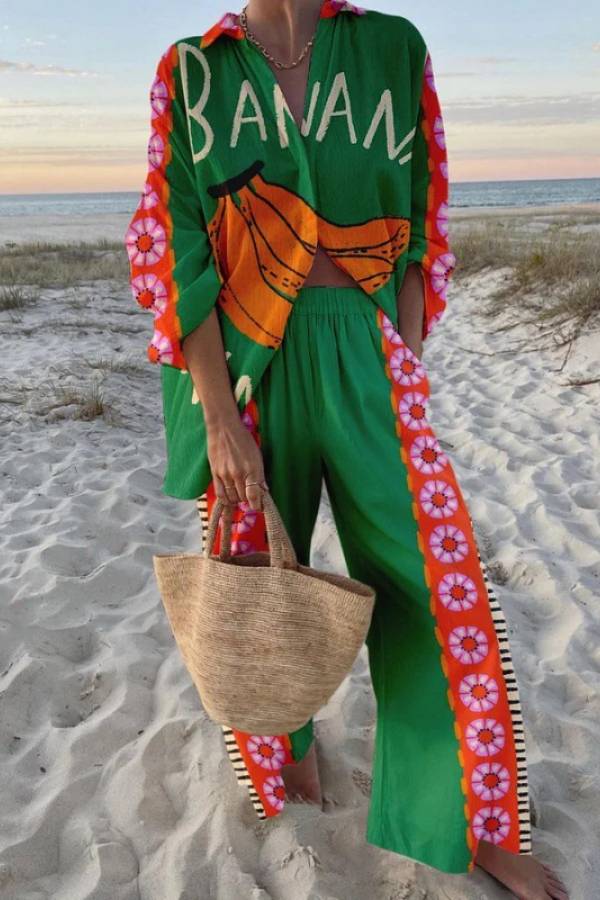 Tropical Print Shirt & Wide Leg Pants Two Piece Set