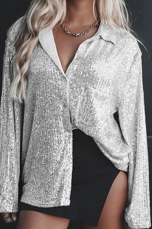 Solid color button-down long-sleeve sequined cardigan