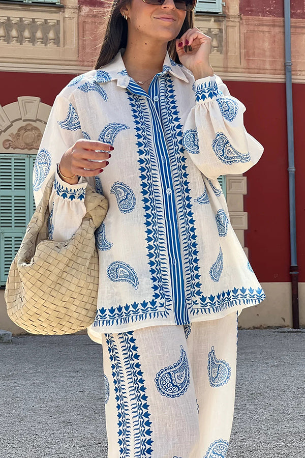 Linen Blend Unique Printed Shirt Top and Elastic Waisted Loose Pocket Pants Set