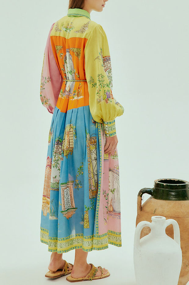 Unique Print Lapel Lantern Sleeve Single Breasted Tie Waist Midi Dress