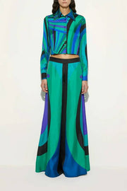 Printed satin long-sleeved shirt and wide-leg pants two-piece suit