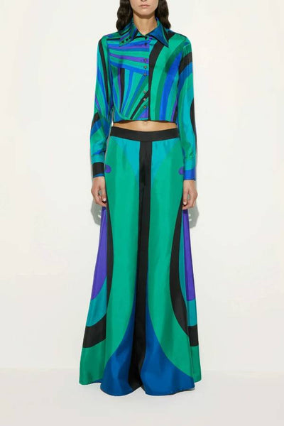 Printed satin long-sleeved shirt and wide-leg pants two-piece suit