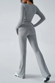 Women's Solid Color Simple Long Sleeve V-Neck Top And Trousers Knit Two-Piece Set