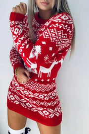 Christmas Reindeer Mixed Print Ugly Sweater Dress