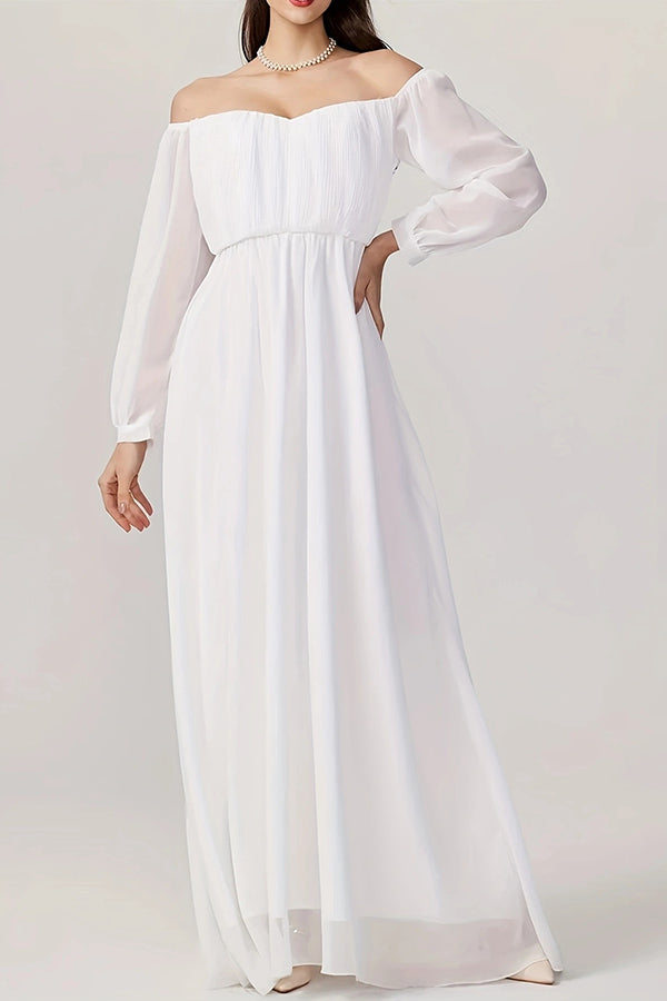 One-line collar plus size solid color long dress