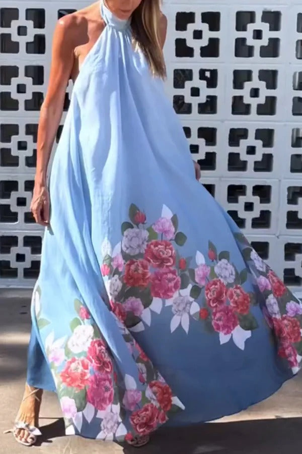 Blooming Flowers Satin Printed A-line Halter Tie-up Maxi Dress