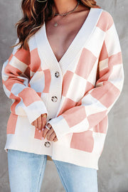 Casual loose checkerboard contrasting V-neck buttoned long-sleeved knitted cardigan