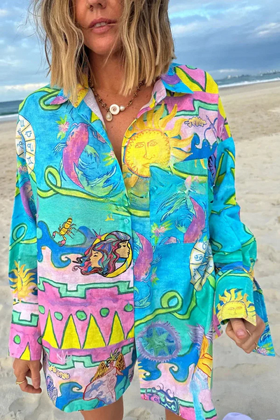 Linen Blend Unique Print Long Sleeve Button Oversized Blouse