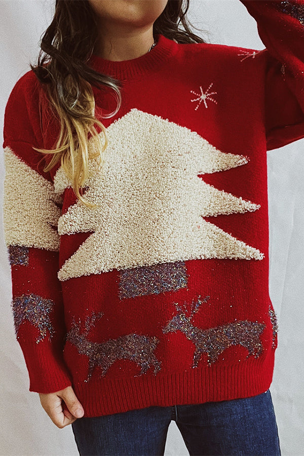 Christmas Pattern Knitted Crew Neck Long Sleeved Sweater