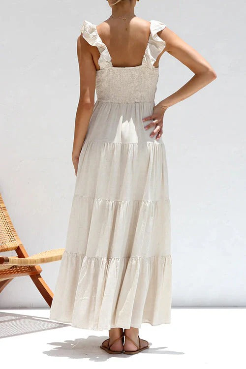 V Neck Ruffle Trim Tiered Sleeveless Linen Maxi Dress