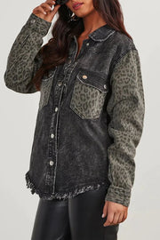 Adisse Contrast Leopard Print Pocket Button Denim Coat