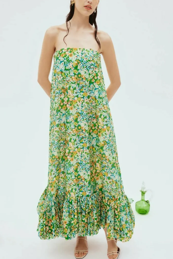 Green Floral Strapless Loose Dress