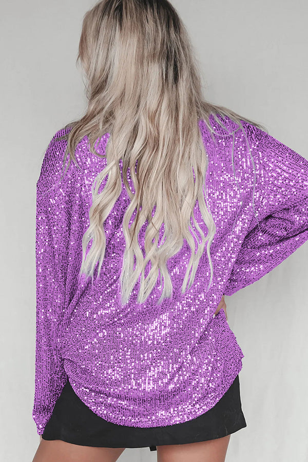 Solid color button-down long-sleeve sequined cardigan