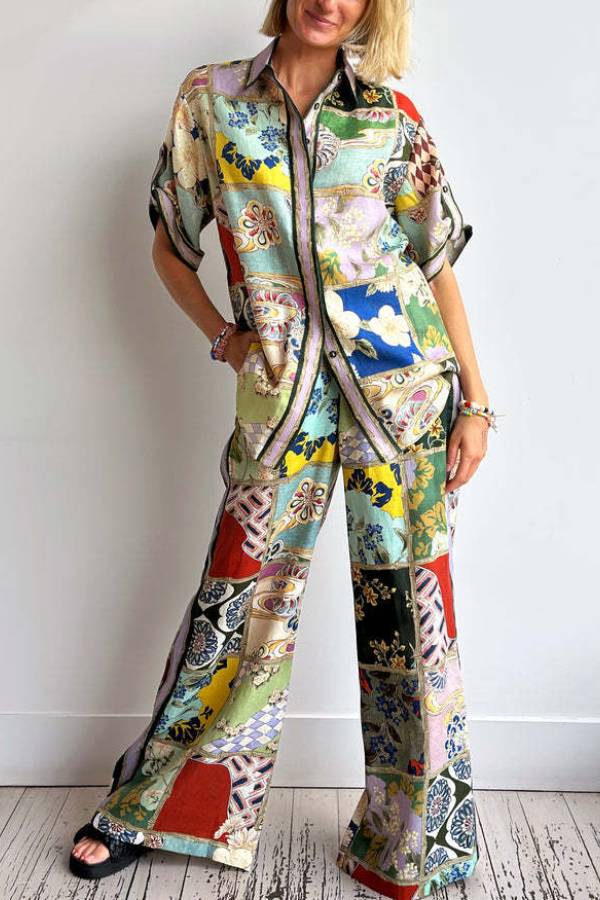 Vintage Patchwork Print Short Sleeve Shirt & Wide Leg Pants Loungewear Set