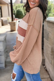 Light Beige Patchwork Corded Lantern Sleeve Top