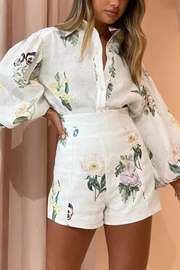 High Waist Shorts Fashionable Shirt Linen Print Casual Temperament Suit