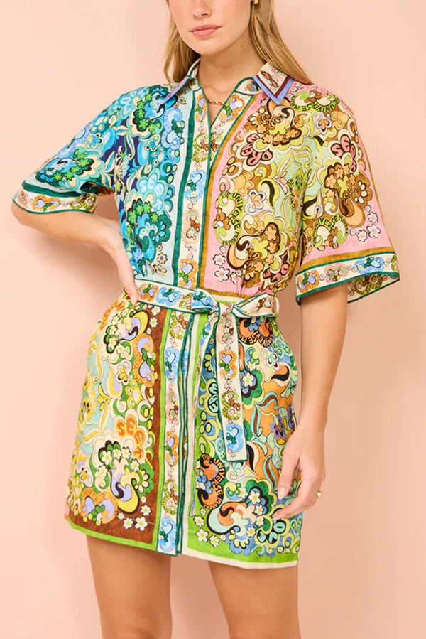 Linen Blend Unique Printed Shirt Style Tie-waist Mini Dress