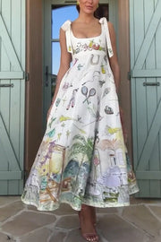 Euro Summer View Linen Blend Unique Print Tie-up Straps Pocket Midi Dress