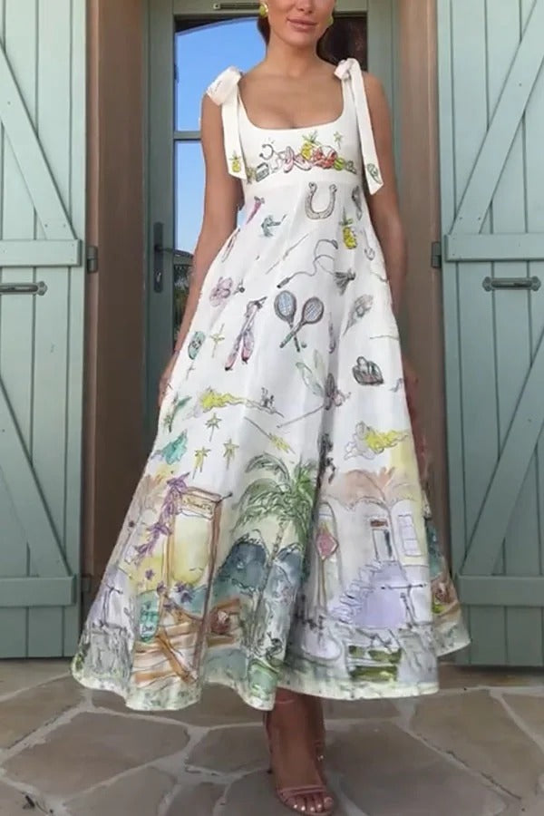 Euro Summer View Linen Blend Unique Print Tie-up Straps Pocket Midi Dress