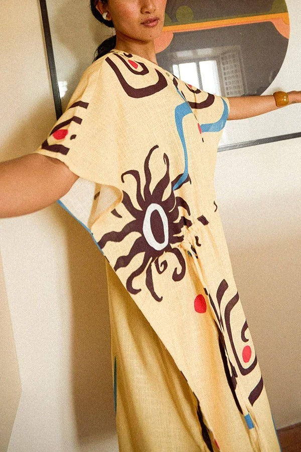 Helia Linen Blend Unique Print Drawstring Waist Kaftan Maxi Dress