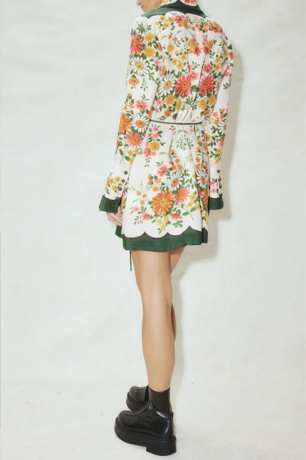 Botanical Floral Print Tie-waist Long-sleeved Single-breasted Mini Dress