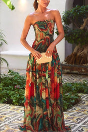 Vacay Vibes Colorful Lava Print Off Shoulder Smocked Scarf Maxi Dress