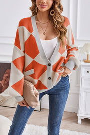 V-neck geometric patchwork contrasting knitted cardigan casual loose jacket