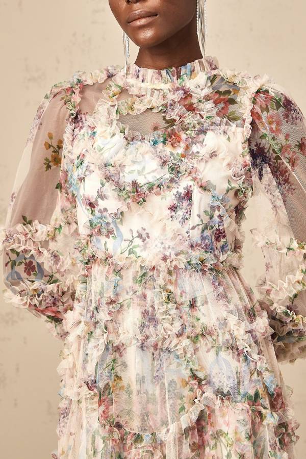 Candice floral ruffled tulle midi dress